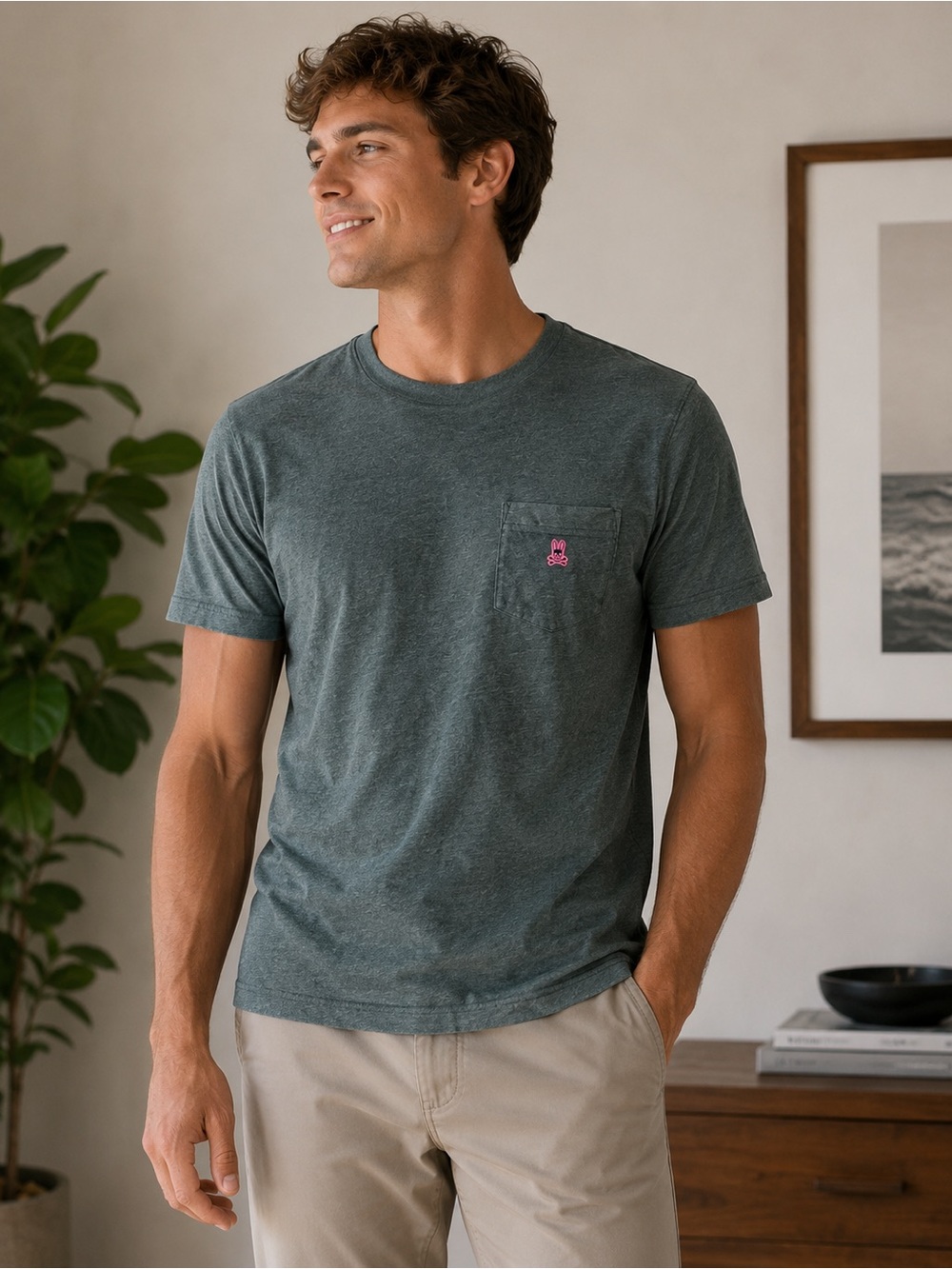 Psycho Bunny Men's Short Sleeve Pocket Tee in Heather Slate with Pink Logo